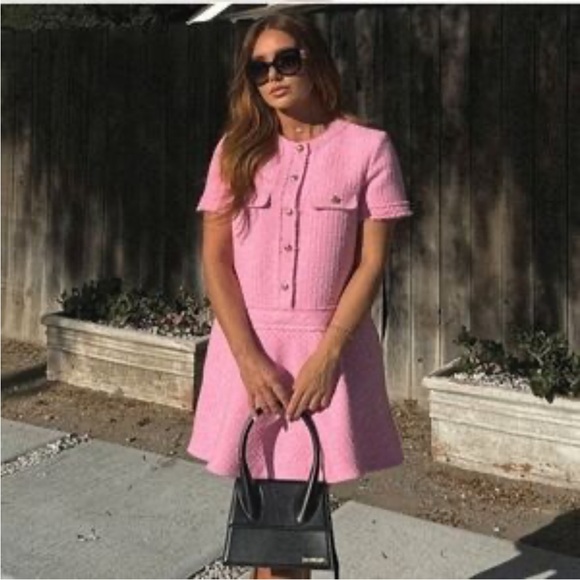 Zara Chic Pink Tweed Textured Mini Dress XL - Picture 7 of 11